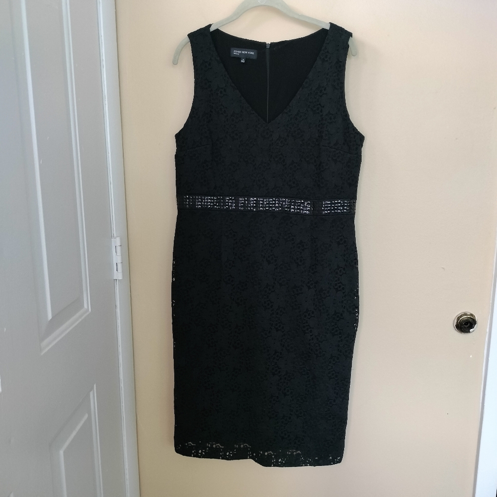 Jones New York Black Lace Sequin Lined Dress 14 Stretch Formal Wedding Guest